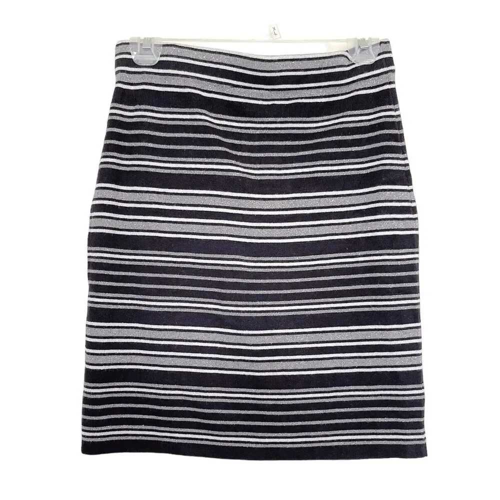 Loft Outlet Womens Skirt Gray Striped Pencil Metallic Black Silver Sparkle Sz XS